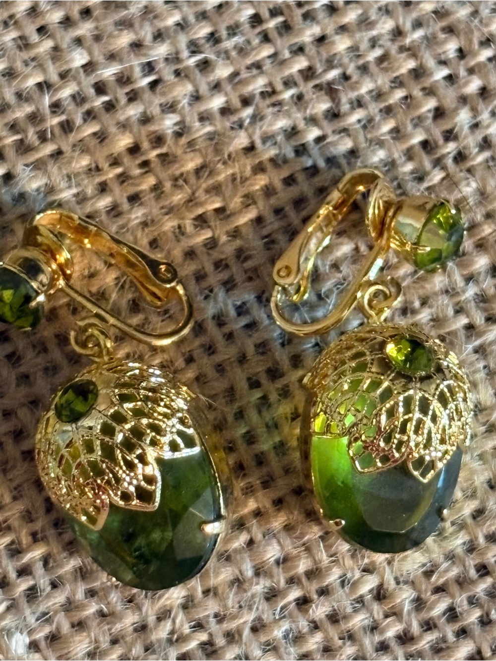 Gold-Tone Green Crystal Clip-On Earrings with Filigree Detail
